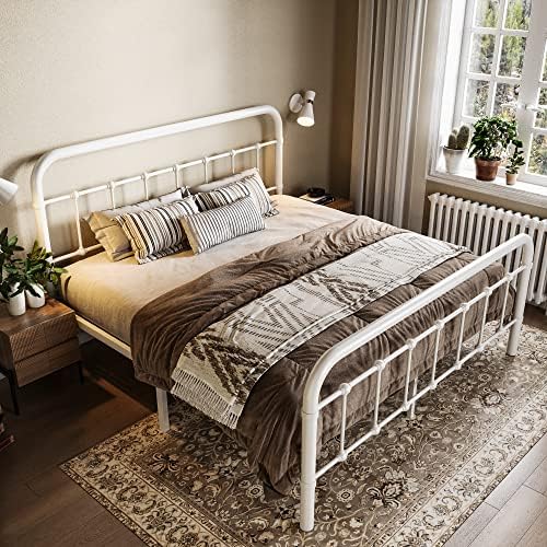 Allewie Full Metal Bed Frame with Victorian Iron-Art Headboard, White - Image 3