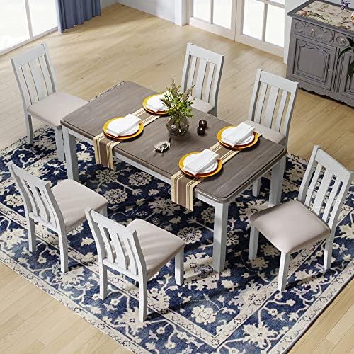 Rustic 7-Piece Kitchen Dining Table Set, Retro Solid Wood Dining Table Set for 6, Rectangle Extendable Table with 6 High Back Upholstered Chairs for Kitchen Dining Room by Unknown