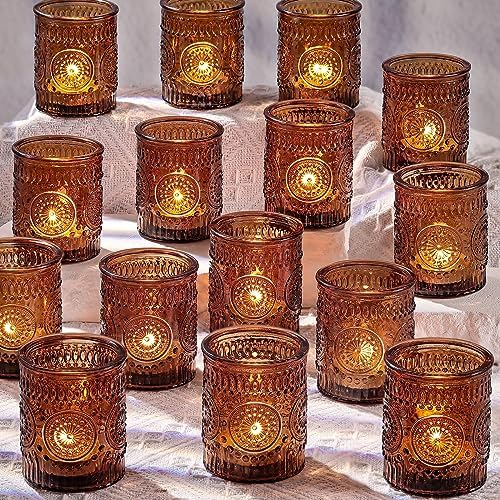 Amber Votive Candle Holders Set of 36- Glass Tea Lights Candle Holders Bulk by DARJEN