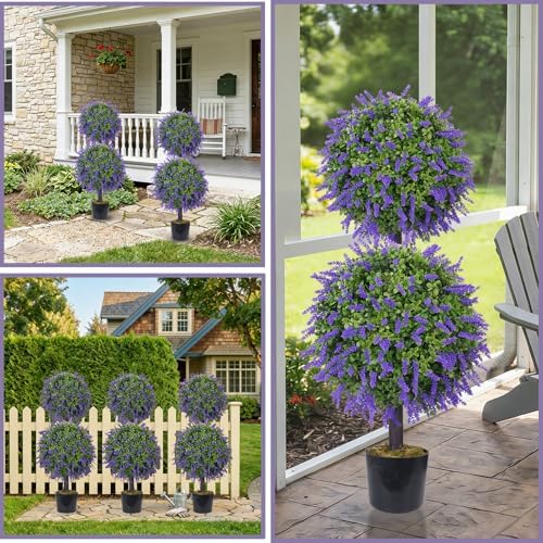 GTIDEA 2 Pcs 40" Topiary Trees Artificial Outdoor Lavender Plant with Pot - Image 3