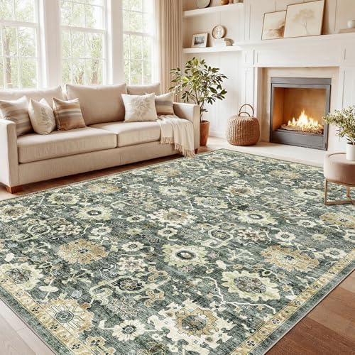Amada Large 9x12 Washable Area Rug for Living Room, Green/Brown, Vintage by AMADAHOMEFURNISHING