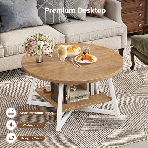 Coffee Table for Living Room, Round Coffee Table, Small Circle Coffee Table with Storage, Modern Wood Round Center Table for Home Office, Small Space, Easy Assembly, Light Coffee - Image 6