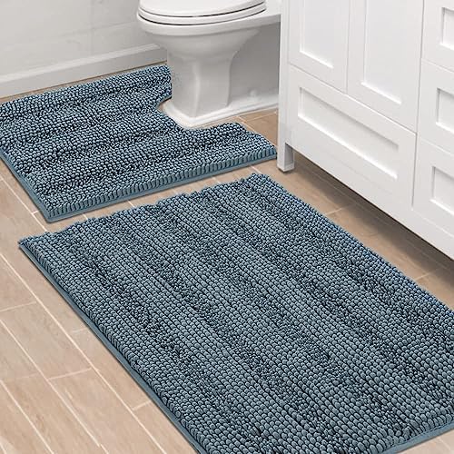 H.VERSAILTEX Bathroom Rugs Bath Rug Set 2 Piece Bathroom Contour Rug Toilet Mat Sets Non Slip Contour Bath Rug Ultra Thick Water Absorbent Striped Bath Mats(36" x 24" Plus 20" x 24" U, Stone Blue) by HVERSAILTEX