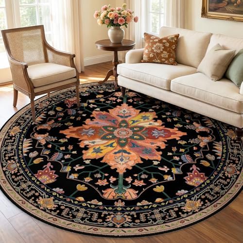 RELEANY Washable Area Rug, Round 6ft, Black/Colorful by RELEANY