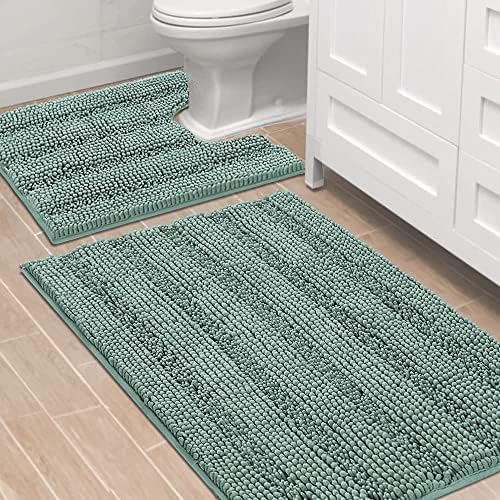 H.VERSAILTEX Bathroom Rugs Bath Rug Set 2 Piece Bathroom Contour Rug Toilet Mat Sets Non Slip Contour Bath Rug Ultra Thick Water Absorbent Striped Bath Mats(36" x 24" Plus 20" x 24" U, Eggshell Blue) by HVERSAILTEX