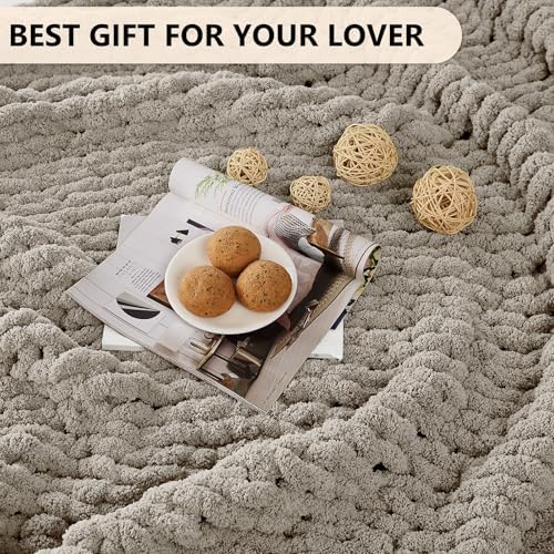 L'AGRATY Chunky Knit Throw Blanket for Couch, 50 x 60 Inches, Light Linen - Image 6