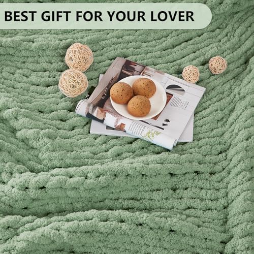 L'AGRATY Chunky Knit Throw Blanket for Couch, 72 x 84 Inches, Sage Green - Image 6