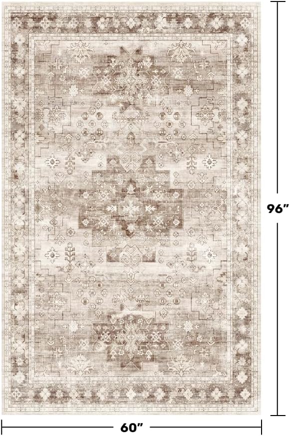 Hazo Haus Washable Neutral Farmhouse Living Room Rug, 5x8 Area Rugs for Bedroom Under Bed, Nursery Room, Boho Vintage Floral Non-Slip Rug Low Pile Stain Resistant (5x8 Beige/Latte) - Image 2