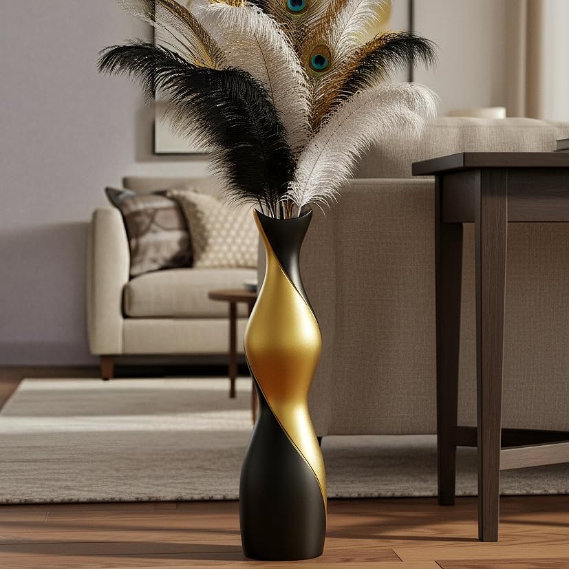 Tall Floor Vase - Matte Black & Gold Tall Decorative Vase, 24 Inch Modern Vase for Pampas Grass, Feathers, Dried Flowers, Home Decor Centerpiece for Living Room, Entryway, Bedroom - Floor Resin by Luystoka