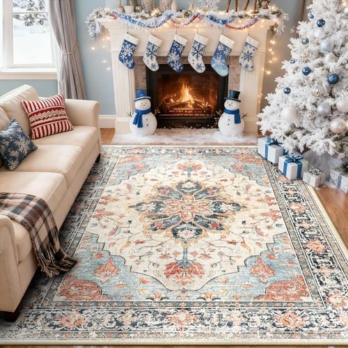 RELEANY Washable Area Rug, 7'x9', Beige/Blue/Orange - Image 2