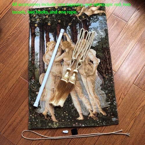 Medieval Vintage Tapestry Wall Hanging - Jacquard Art Replica of Three Nymphs & Cupid，Woven Aesthetic Complete Set with Tassels, Telescopic Rod, Rope & Hooks for Bedroom & Living Room Decor (27"x42") (Yellow：Spring - inspired Soft Tones of Three Nymphs) - Image 3