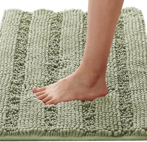 H.VERSAILTEX Bath Mats for Bathroom Non Slip Thick Chenille Striped Bath Rug Absorbent Fluffy Soft Shaggy Rugs Washable Dry Fast Plush Mats for Indoor, Bath Room, Tub - 17" x 24", Eucalyptus Green by HVERSAILTEX