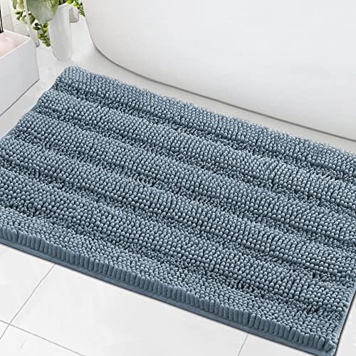 H.VERSAILTEX Bath Mats for Bathroom Non Slip Extra Thick Chenille Striped Bath Rug 24" x 36" Absorbent Non Skid Fluffy Soft Shaggy Rugs Washable Plush Mats for Indoor, Bath Room, Tub - Stone Blue by HVERSAILTEX