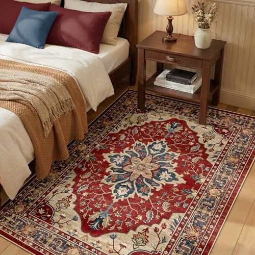 RELEANY Washable Area Rug, 3'x4', Red/Blue by RELEANY