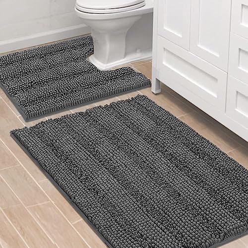 H.VERSAILTEX Bathroom Rugs Bath Rug Set 2 Piece Bathroom Contour Rug Toilet Mat Sets Non Slip Contour Bath Rug Ultra Thick Water Absorbent Striped Bath Mats Washable(36" x 24" Plus 20" x 24" U, Grey) by HVERSAILTEX