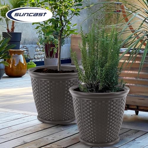 Suncast 2 Pack Sonora 22 Inch Plastic Wicker Indoor or Outdoor Decorative Garden Flower Planter for Entryways, Porch, and Backyard Patios, Dark Brown - Image 5