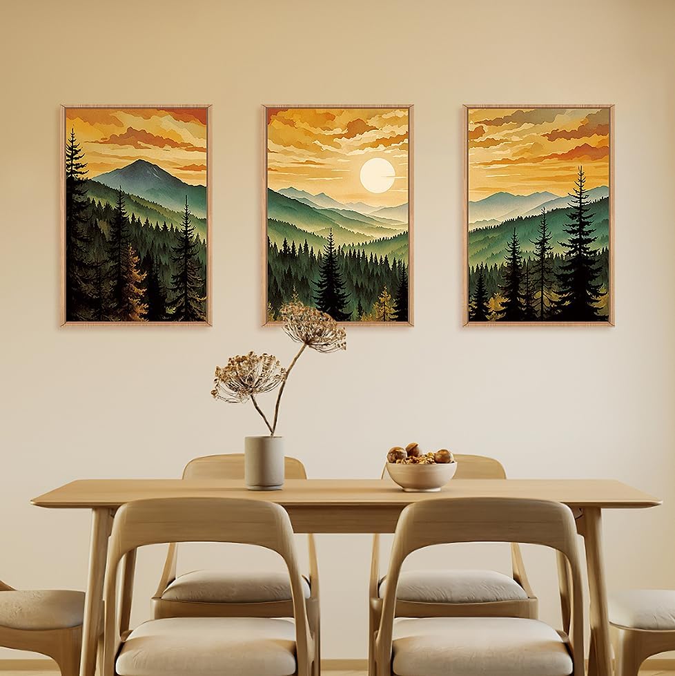 LHIUEM Large Boho Sunset Mountain Framed Canvas Wall Art,Retro Pine Tree Wall Decor,Nature Foggy Forest Wall Painting,Bohemian Landscape Artwork for Living Room,Bedroom,Dining Room,Office -16"x24"x3 - Image 3