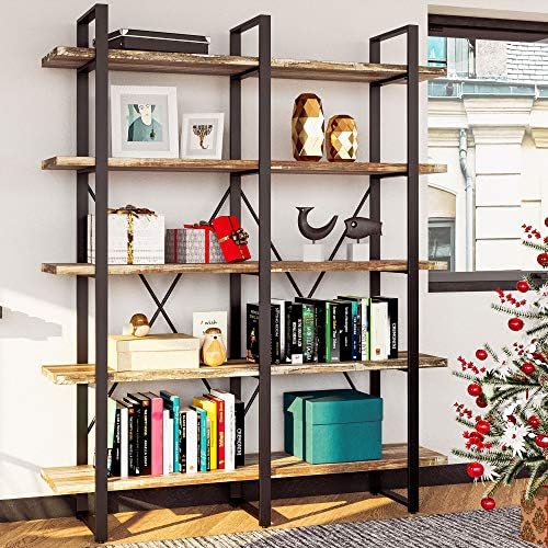 IRONCK Bookshelf, Double Wide 5-Tier Open Bookcase Vintage Industrial Large Shelves, Wood and Metal Etagere Bookshelves, for Home Decor Display, Office Furniture, 13D x 53.1W x 70H in by IRONCK