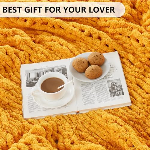 L'AGRATY Chunky Knit Throw Blanket for Couch, 72 x 84 Inches Mustard Yellow - Image 6