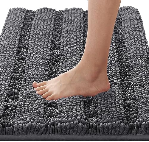 H.VERSAILTEX Bathroom Rugs Bath Rugs Non Slip Bath Mats Extra Thick Chenille Striped Rug 17" x 24" Absorbent Soft Shaggy Washable Dry Fast Bath Mats for Bathroom Floor - Grey by HVERSAILTEX