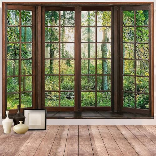 Green Forest Window Tapestry Natural Scenery Tapestry for Bedroom 100"x 90" by Aidatain