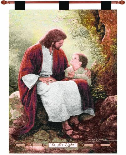 Manual Inspirational Collection 26 x 36 Inch Christian Hanging Multicolor Woven Wall Art Tapestry Décor with Finial Rod, “In His Light” by Greg Olsen, Portrait of Jesus & Small Child by Manual+Woodworker