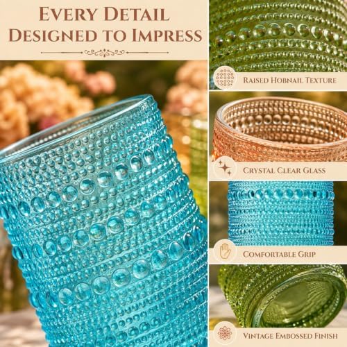 Khen Hobnail Beaded Highball Drinking Tumbler Glasses | Set of 12 | Autumn Colors Vintage Bubble Design Whiskey Glassware, Old-Fashioned, Embossed Design Water, Wine, Cocktail Rocks Glasses - Image 3