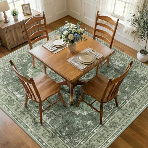 RELEANY Washable Area Rug, Square 7'x7', Green/Dark Green/Gray by RELEANY