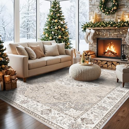Living Room 8ft Square Area Rug: Machine Washable Large Vintage Soft Rug Stain Resistant Non Slip Floor Carpet for Bedroom Playroom Indoor Farmhouse Home Decor Mat for Office Dining Room(8x8,Beige) - Image 6