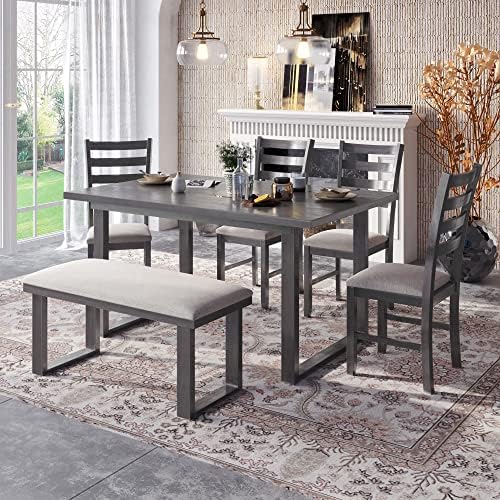 6 Piece Kitchen Dining Table Set with Rectangular Table and Comfortable Cushioned Seat, Farmhouse Rustic Wood Dining Room Set for 4-6 Persons, Dining Set for Family (Gray-1) - Image 2