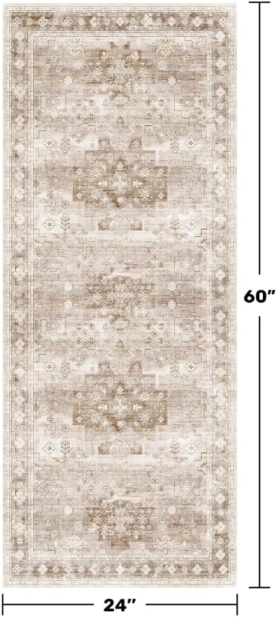 Hazo Haus Boho Bathroom Rug 2x5 Runner, Neutral Farmhouse Kitchen Rugs, Small Throw Runners for Laundry Room Bedroom, Vintage Floral Décor, Non-Slip Low-Pile Washable Stain Resistant Beige Latte - Image 2