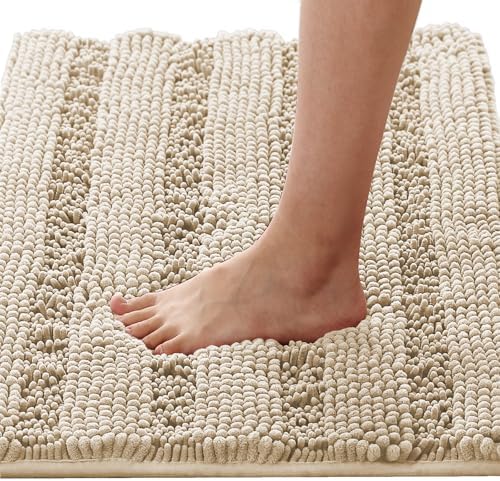 H.VERSAILTEX Bath Mats for Bathroom Non Slip Thick Chenille Striped Bath Rug Absorbent Fluffy Soft Shaggy Rugs Washable Dry Fast Plush Mats for Indoor, Bath Room, Tub - 17" x 24", Fog by HVERSAILTEX