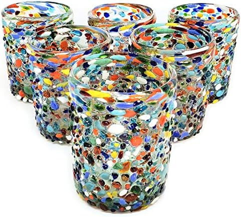 Confetti Rocks 10 oz Tumbler Glasses (set of 6) | Hand Blown Drinking Glasses, Multicolor Mexican Glassware Tumblers for Water, Juice, Margaritas & Cocktails | Lead-free, Toxin-Free by MexHandcraft