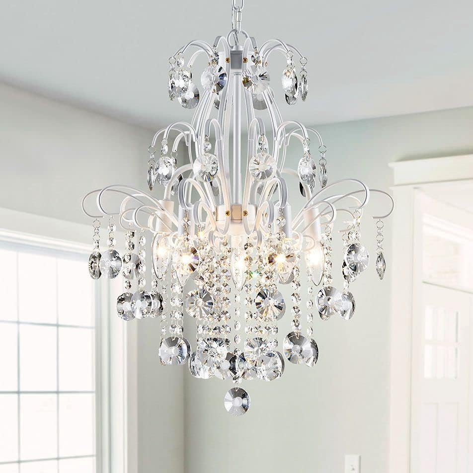 WUZUPS Crystal Chandelier 5-Light Pendant Ceiling Light Modern Lighting Fixture for Bedroom Hallway Bar Kitchen Bathroom, H 22.6'' x W 19.2'', E12 Base, White by WUZUPSNEWARRIVALCHANDELIERS