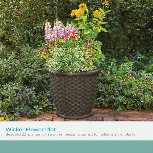Suncast Sonora 22 Inch Plastic Wicker Indoor or Outdoor Decorative Garden Flower Planter for Entryways, Porch, and Backyard Patios, Dark Brown - Image 3