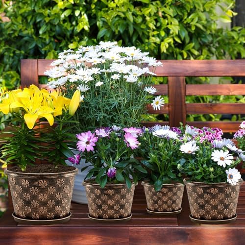 10 Inch Planter Pots for Plants, 4 Pack Plastic Large Flower Pots Indoor Outdoor, Resin Plant Pot with Drainage & Saucer, Retro Decorative Garden Pot with Removable Trays for House - Image 5