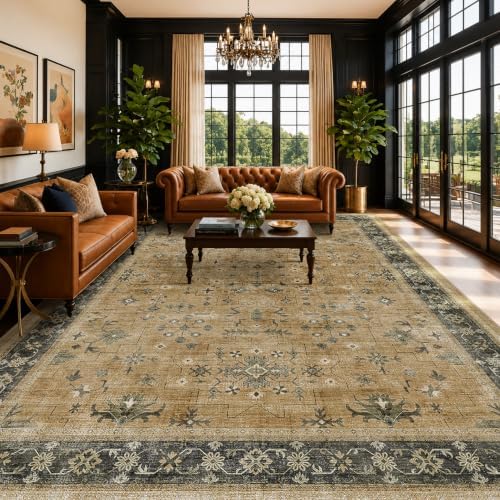 Washable 9x12 Living Room Rug - Vintage Extra Large Area Rugs for Dining Room Under Table, Rustic Brown and Charcoal Olive Low Pile Carpet for Bedroom Under the Bed, Non-Slip Stain & Fade Resistant by HazoHaus