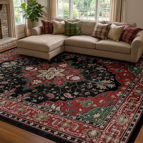 RELEANY Washable Area Rug, 7'x9', Red/Black by RELEANY