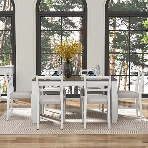 Farmhouse 7-Piece Kitchen Dining Table Set, Solid Wood Rectangle Extendable Table with 12” Leaf and 2 Drawers, 6 Dining Chairs with Soft Cushion, Dining Table Set for 6 Persons (Brown+White FR) - Image 3