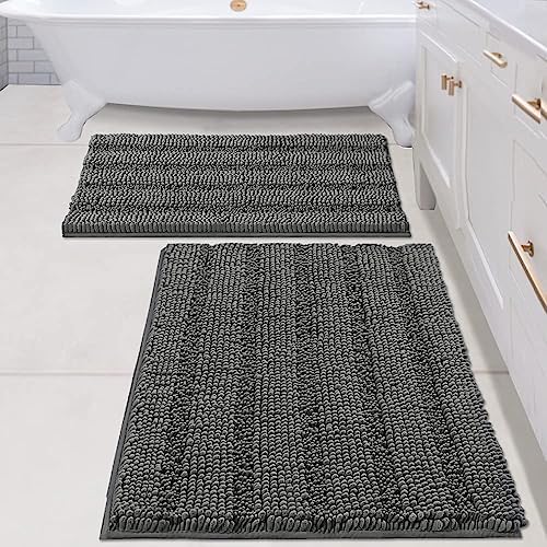 H.VERSAILTEX 2 Piece Bathroom Set - Super Absorbent Chenille Striped Bath Mats, Non Skid, Machine Washable - Grey, 24 x 36 Plus 20 x 32 Inches by HVERSAILTEX