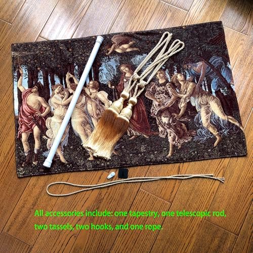 AureoMadis Primavera by Botticelli Tapestry Wall Hanging Set, 42"x27" Renaissance Medieval Vintage Victorian Woven Tapestries with Rod, Tassels & Hooks (Green：Botticelli's 'The Spring' Inspired Timeless Color Symphony) - Image 3