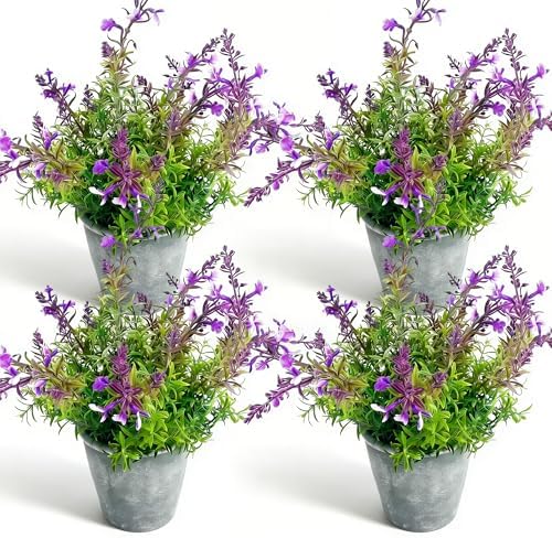 MONOID Artificial Potted Plants, Realistic Fake Greenery for Desk, Home Office Bathroom Shelf Farmhouse Table Decor, Maintenance Free (4, Lavender Purple) by GuardYourHomeEmbraceSafety
