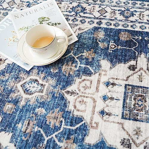 Hallway Washable Runner Rug - 2'6x12 Kitchen Rugs Entryway Rug Runner Vintage Soft Floor Mat Non Slip Indoor Farmhouse Carpet for Bathroom Living Room Bedroom (2'6''x12', Blue) - Image 3