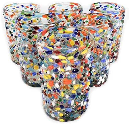 Confetti Rocks 14 oz Drinking Glasses (set of 6) Mexican Handmade Multicolor Glassware, Recycled Glass, Lead-free, Toxin-Free (Drinking) by MexHandcraft