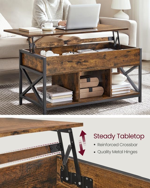 VASAGLE Lift Top Coffee Table with Storage Shelf, 3 Compartments - Image 6