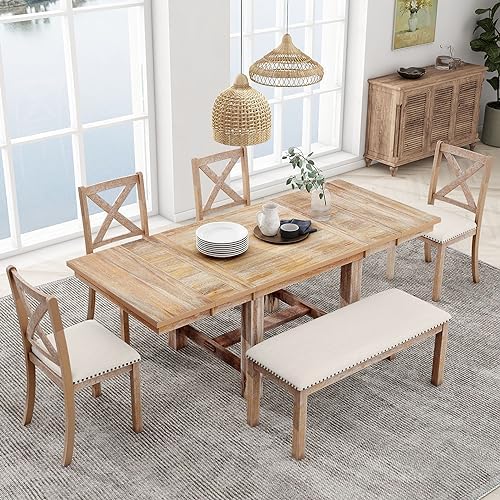 Farmhouse 6-Piece Extendable Dining Room Table Sets, Acacia Wood 82'' Dining Table with 2 Removable Leaf and Upholstered Dining Chairs& Bench, Soft Cushion with Rivet (Natural+Be) - Image 3