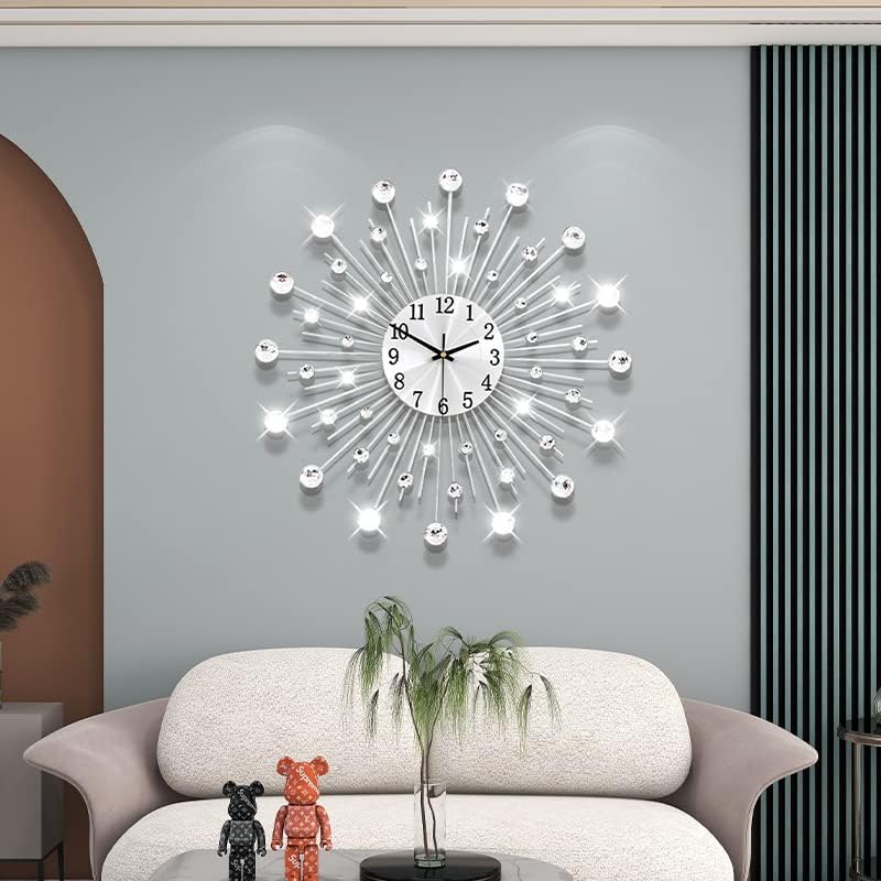 Large Decorative Wall Clock for Living Room Decor Silver Metal Crystal Modern Starburst Wall Clock 20 Inch Big Silent Quartz Clock Battery Operated Non Ticking for Kitchen Office Bedroom - Image 2