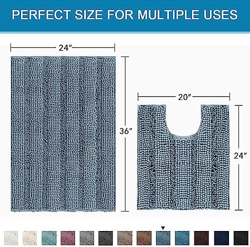 H.VERSAILTEX Bathroom Rugs Bath Rug Set 2 Piece Bathroom Contour Rug Toilet Mat Sets Non Slip Contour Bath Rug Ultra Thick Water Absorbent Striped Bath Mats(36" x 24" Plus 20" x 24" U, Stone Blue) - Image 2