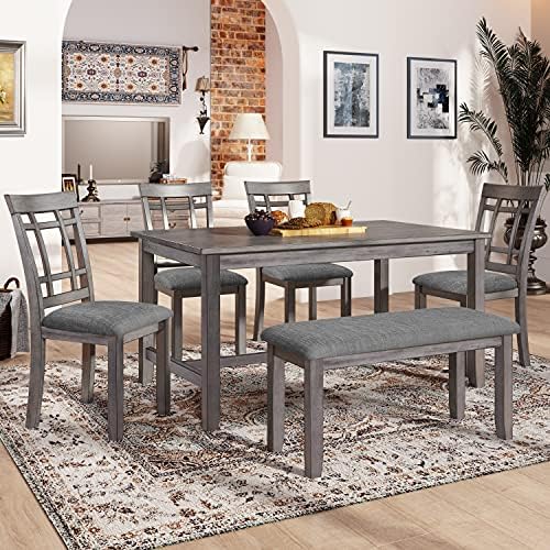 Wooden Rectangular Dining Table Set, Farmhouse Rustic 6-Piece Kitchen Set with 4 Upholstered Chairs and 1 Bench (Antique Graywash) by Unknown