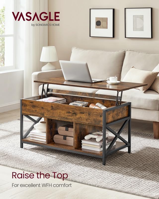 VASAGLE Lift Top Coffee Table with Storage Shelf, 3 Compartments - Image 3